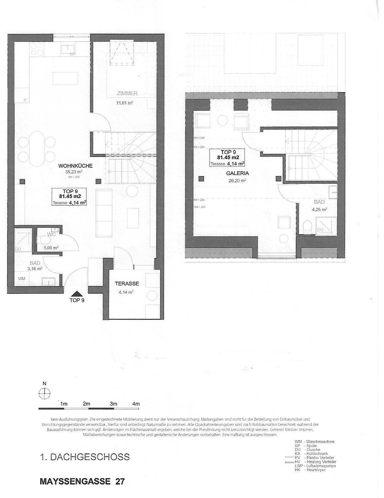 Grundrissplan für Dachgeschoss 1 und 2 mit Wohnküche, Zimmern und Terrasse.