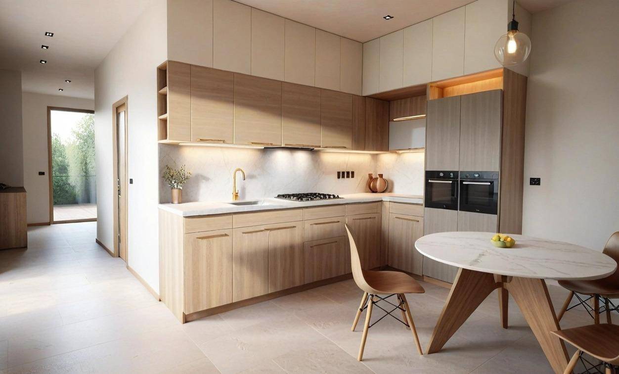 Moderne Küche mit hellen Holzfronten, integrierten Geräten und Essbereich mit Rundtisch.