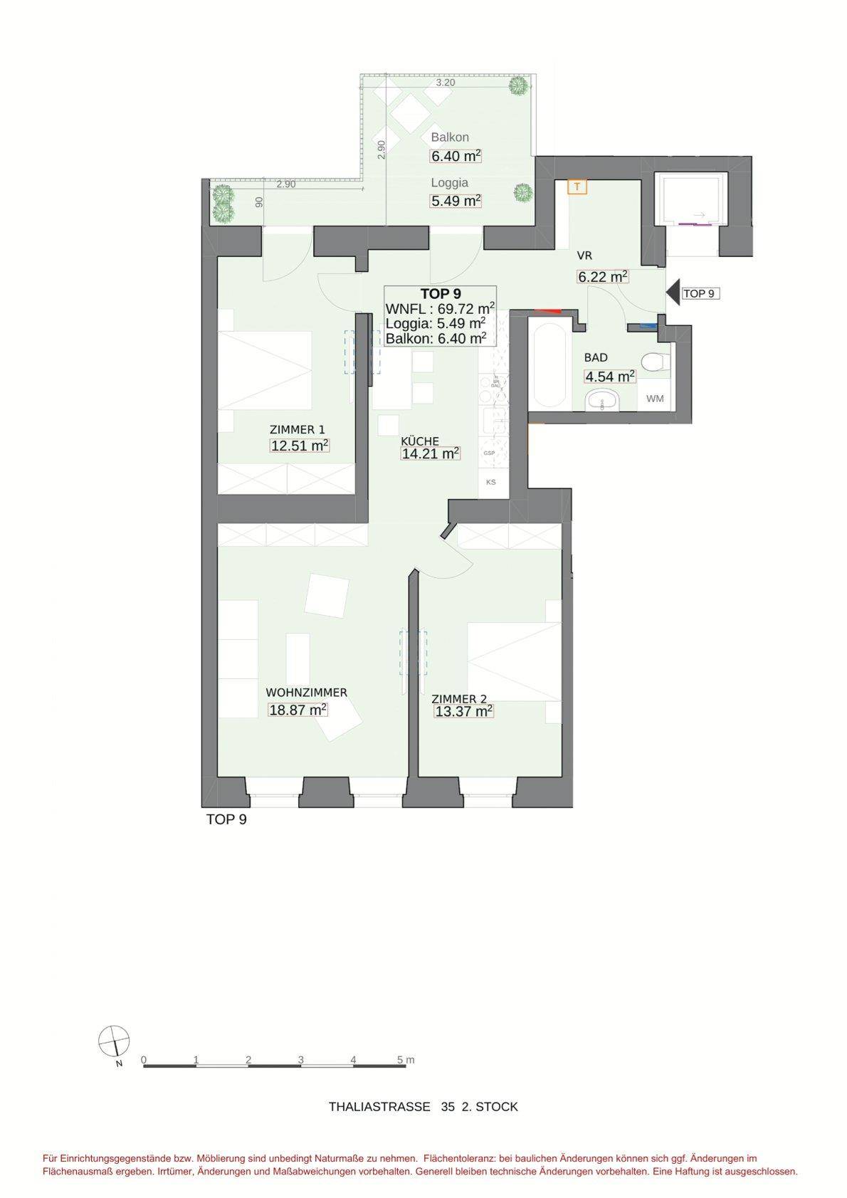 Grundriss der Wohnung TOP 9 mit zwei Schlafzimmern, Balkon und Loggia.