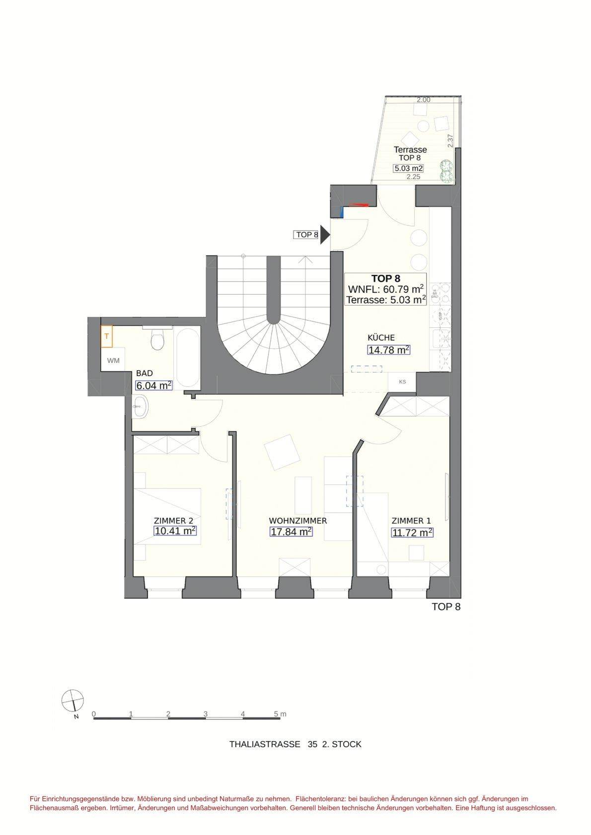 Grundriss der Wohnung TOP 8 mit drei Zimmern, Wendeltreppe und kleiner Terrasse.