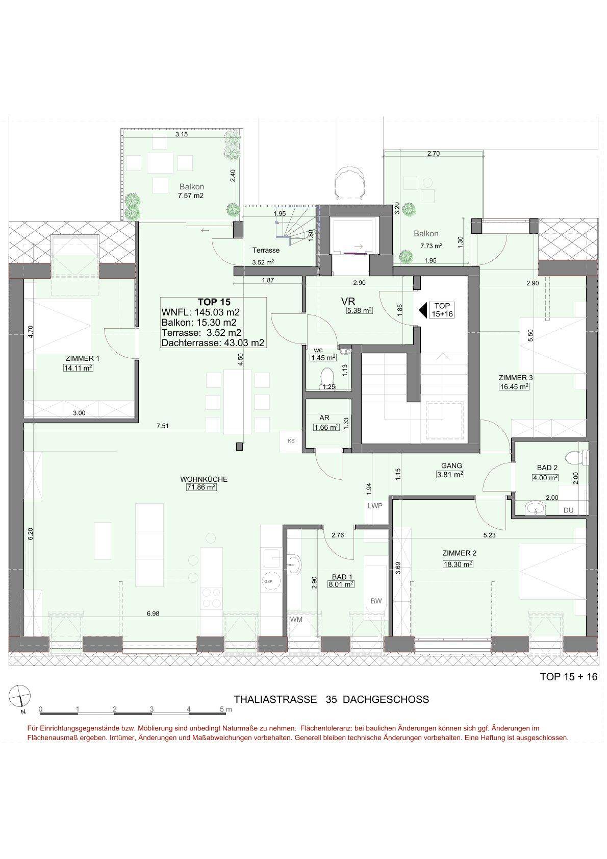 Grundriss der Dachgeschosswohnung TOP 15+16 mit drei Schlafzimmern, Balkon und Terrasse.