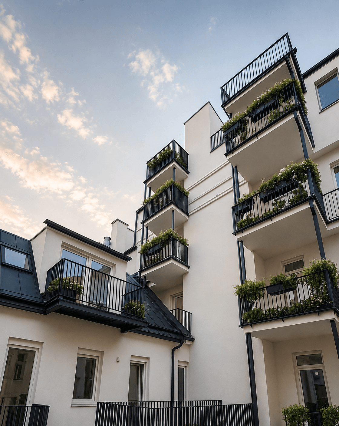 Moderne Wohngebäude-Fassade mit mehreren Balkonen und Blumenkästen unter blauem Himmel.