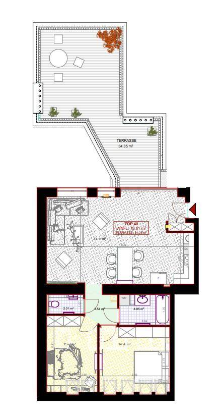 Detaillierter Grundriss einer Wohnung mit zwei Schlafzimmern, zwei Bädern und einer großen Terrasse.