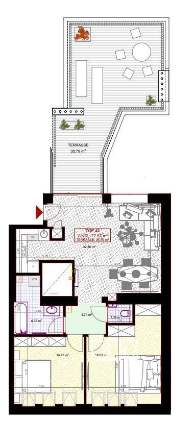 Grundriss einer Wohnung mit offenem Wohnbereich, zwei Schlafzimmern und einer großzügigen Terrasse.