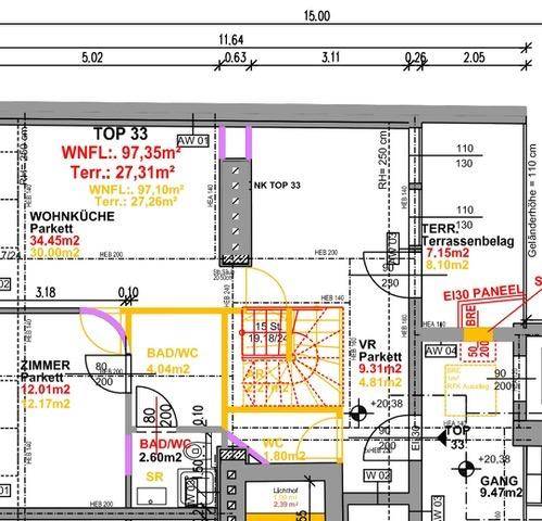 Detaillierter Grundriss einer Wohnung mit Wohnküche, Zimmern und Terrassenflächen.