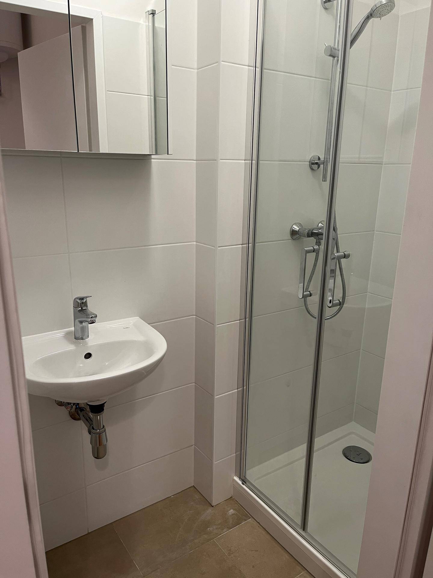 Kleines Badezimmer mit Duschkabine, Waschbecken und Spiegelschrank, ideal für Gäste.