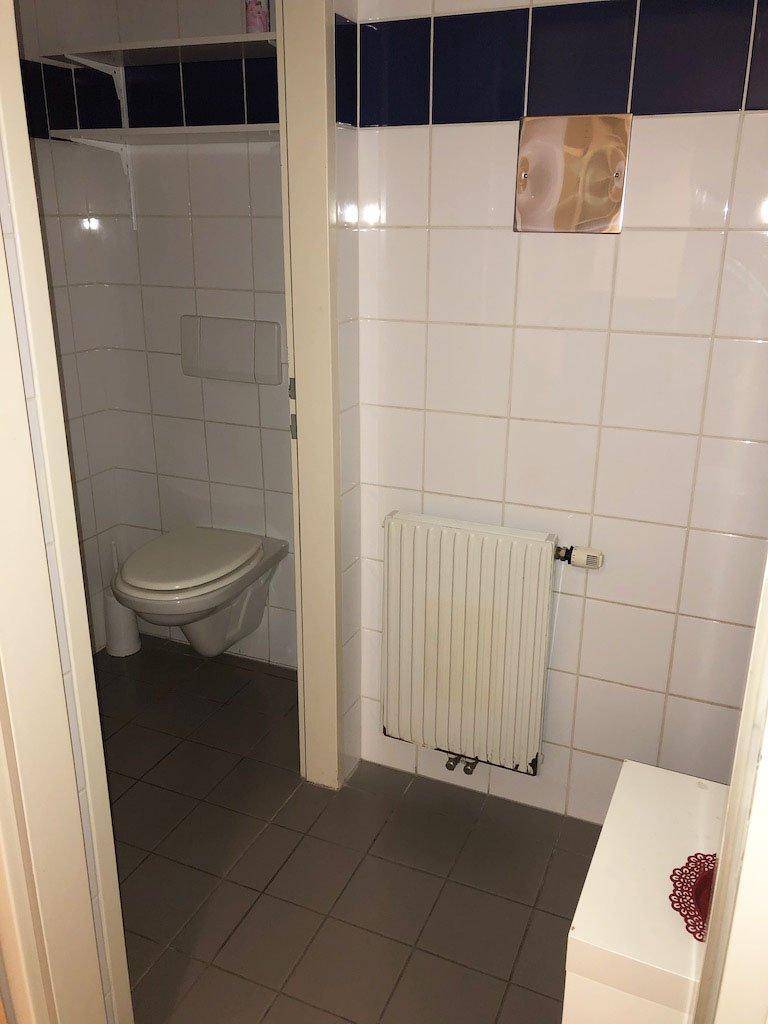 Gefliestes Badezimmer mit wandhängender Toilette, Heizkörper und dunkelblauen Akzentfliesen.