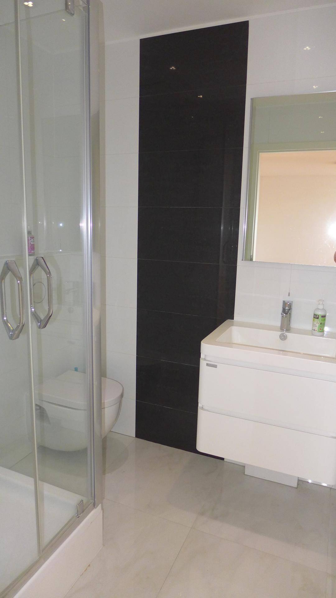 Modernes Badezimmer mit Duschkabine, wandhängendem WC und schwarzem Akzentfliesen.