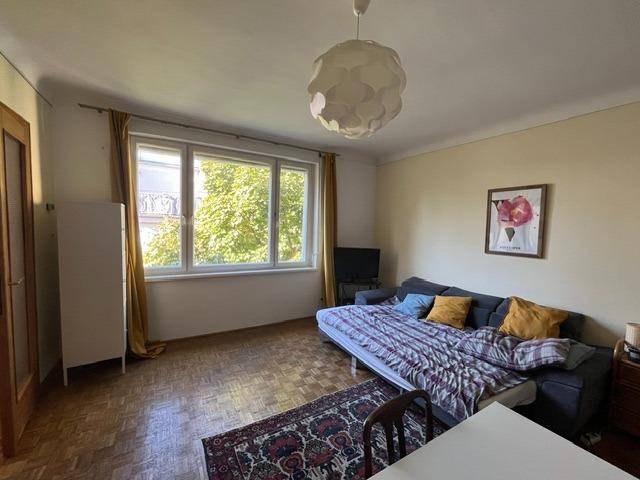 Helles Wohnzimmer mit großem Fenster, Schlafsofa und klassischem Parkettboden.