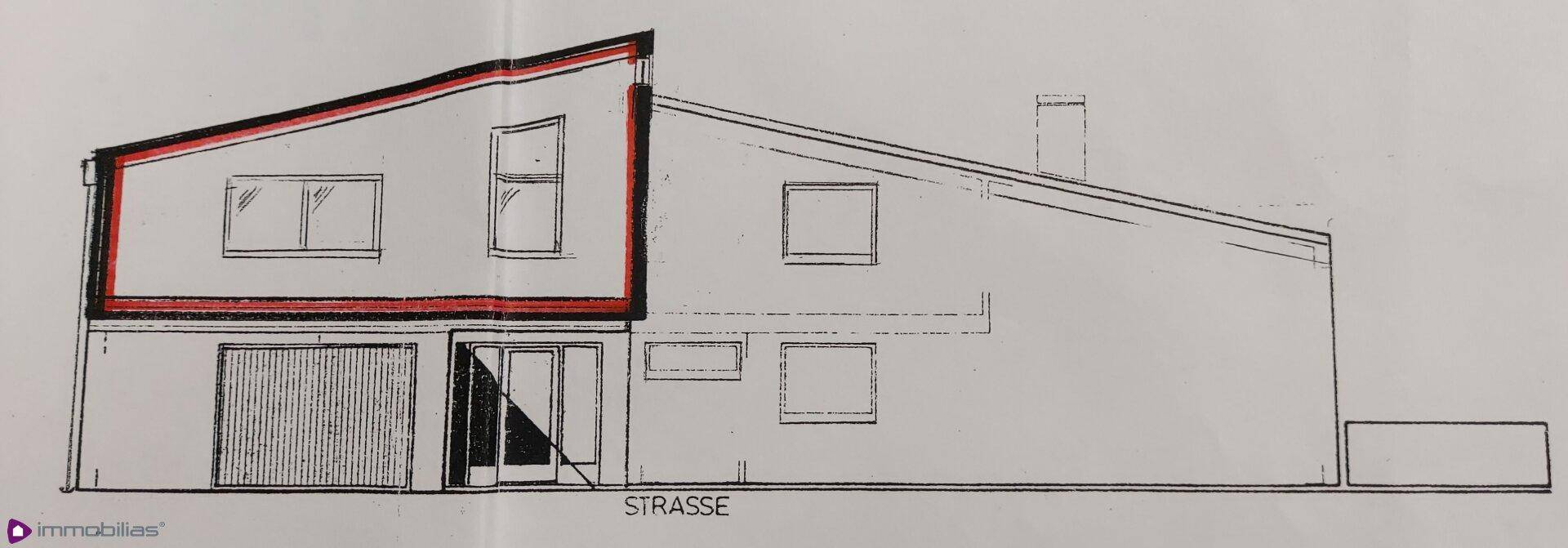 Architektonische Zeichnung der Hausfassade von der Straßenseite mit Garage und Fenstern.