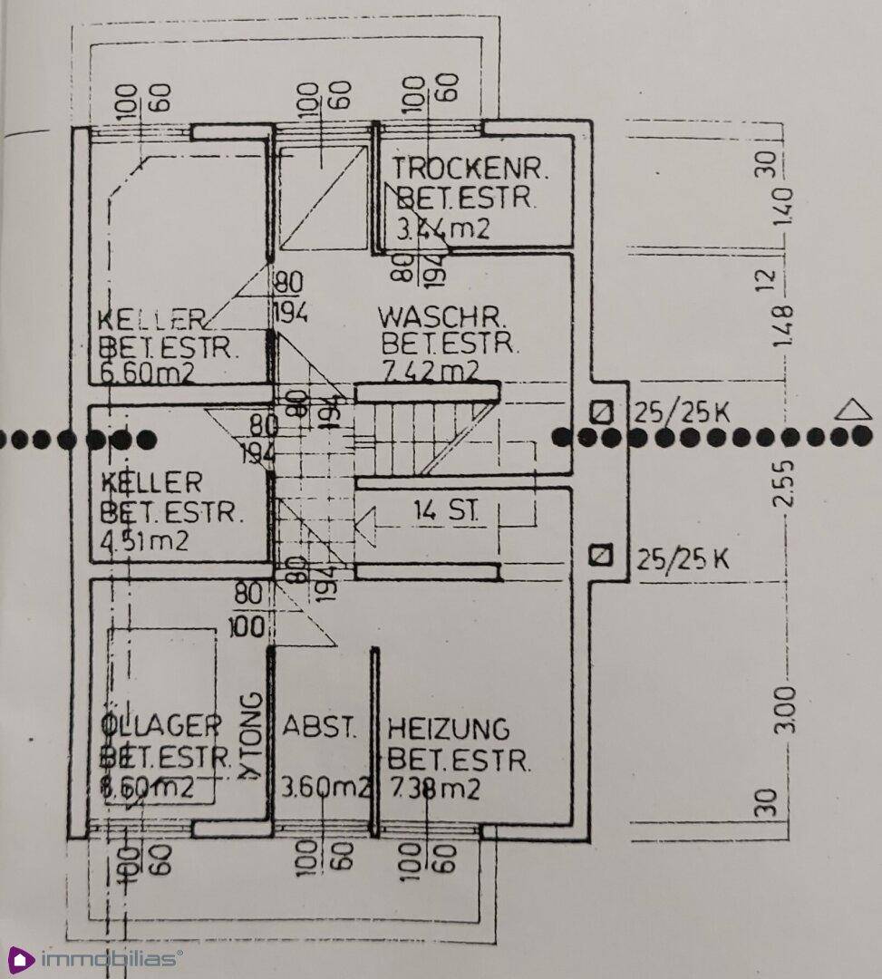 Grundriss des Kellers mit Waschküche, Trockenraum, Heizungsraum und Abstellräumen.