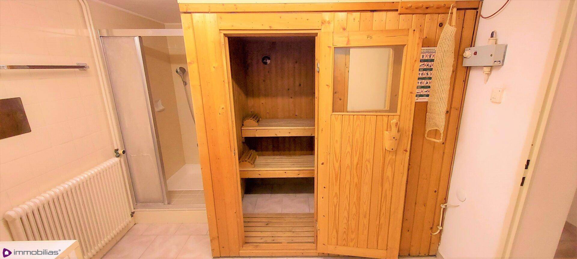 Holzsauna mit Glastür und integrierter Dusche in einem Badezimmer.