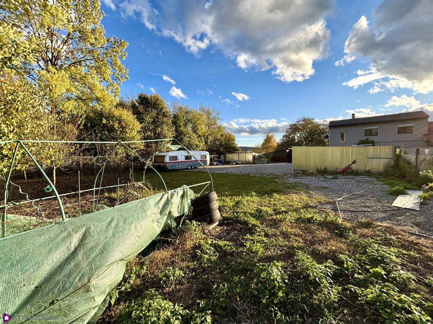 Gartenbereich mit Gras, Kies, Bäumen und einem Gewächshausrahmen.