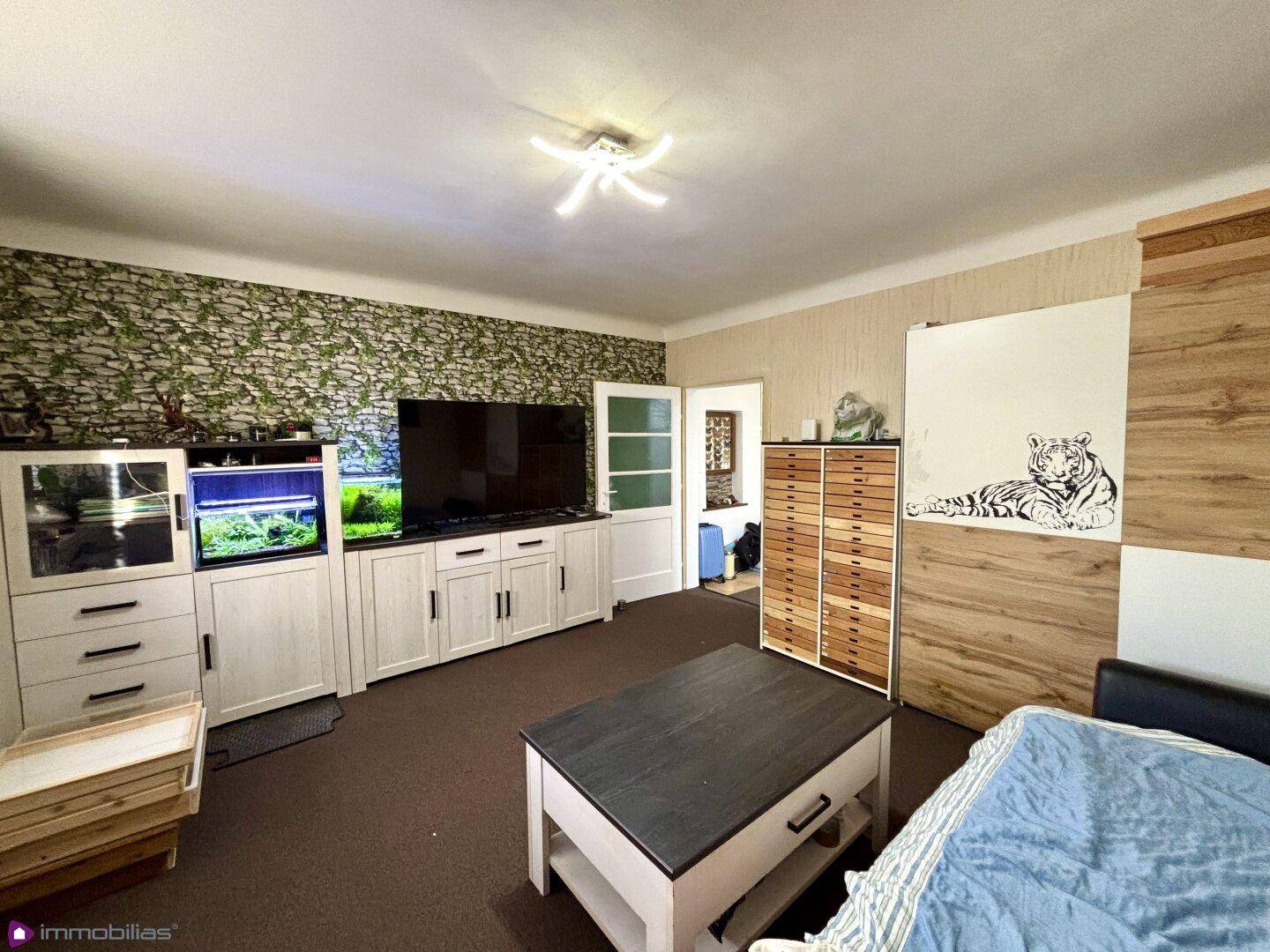 Wohnzimmer mit Fernseher, Schränken, Teppichboden und dekorativer Wand.