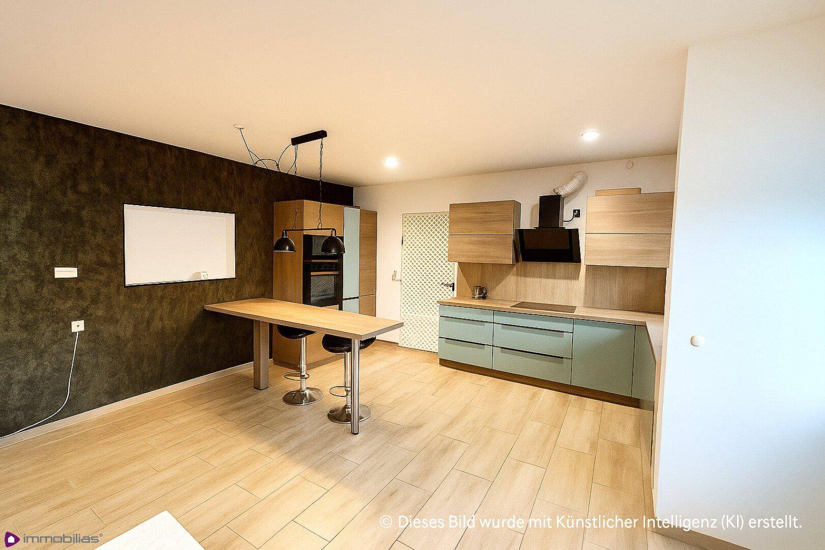 Offener Küchen- und Essbereich mit modernem Design, Holztisch und Einbaugeräten.