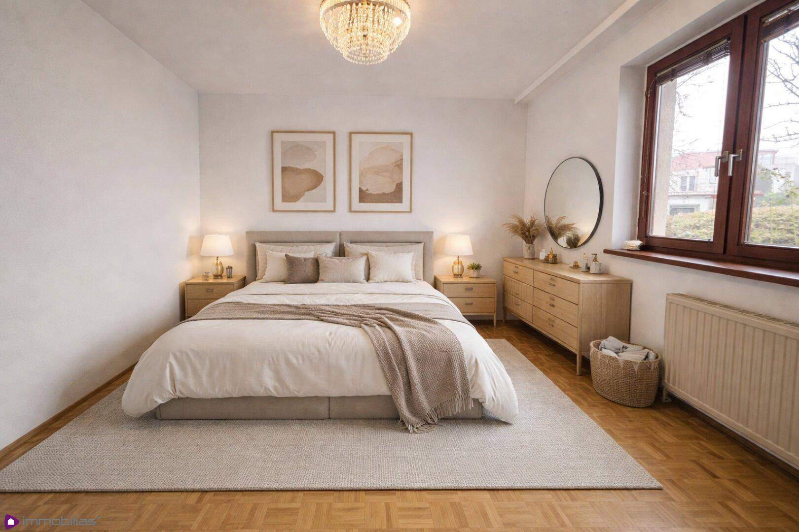 Gemütliches Schlafzimmer mit Parkettboden, großem Fenster und moderner Einrichtung.