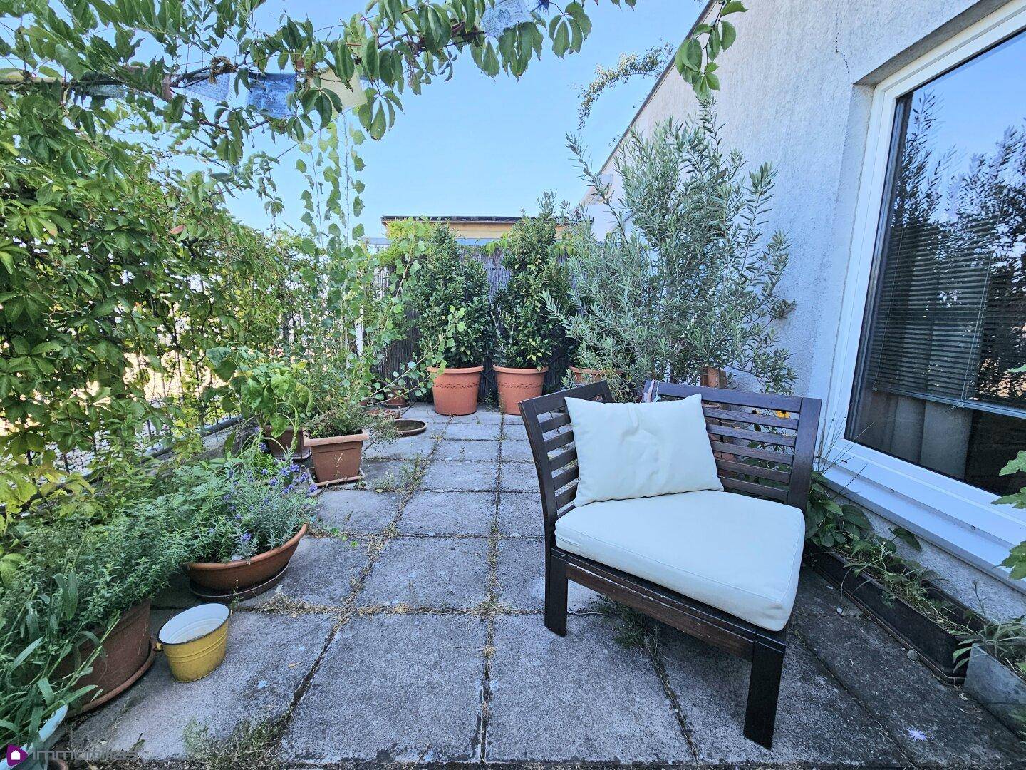 Sonniger Terrassenbereich mit Steinplatten, vielen Pflanzen und einem bequemen Sessel.