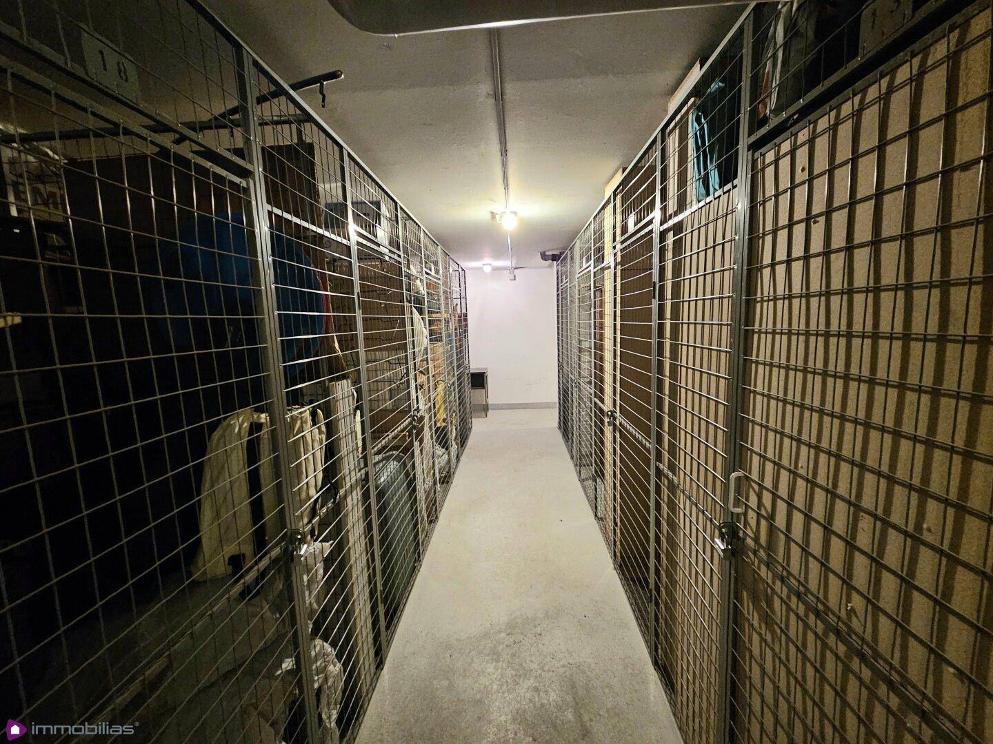 Kellerabteile mit Gitterwänden für zusätzlichen Stauraum in einem Mehrfamilienhaus.