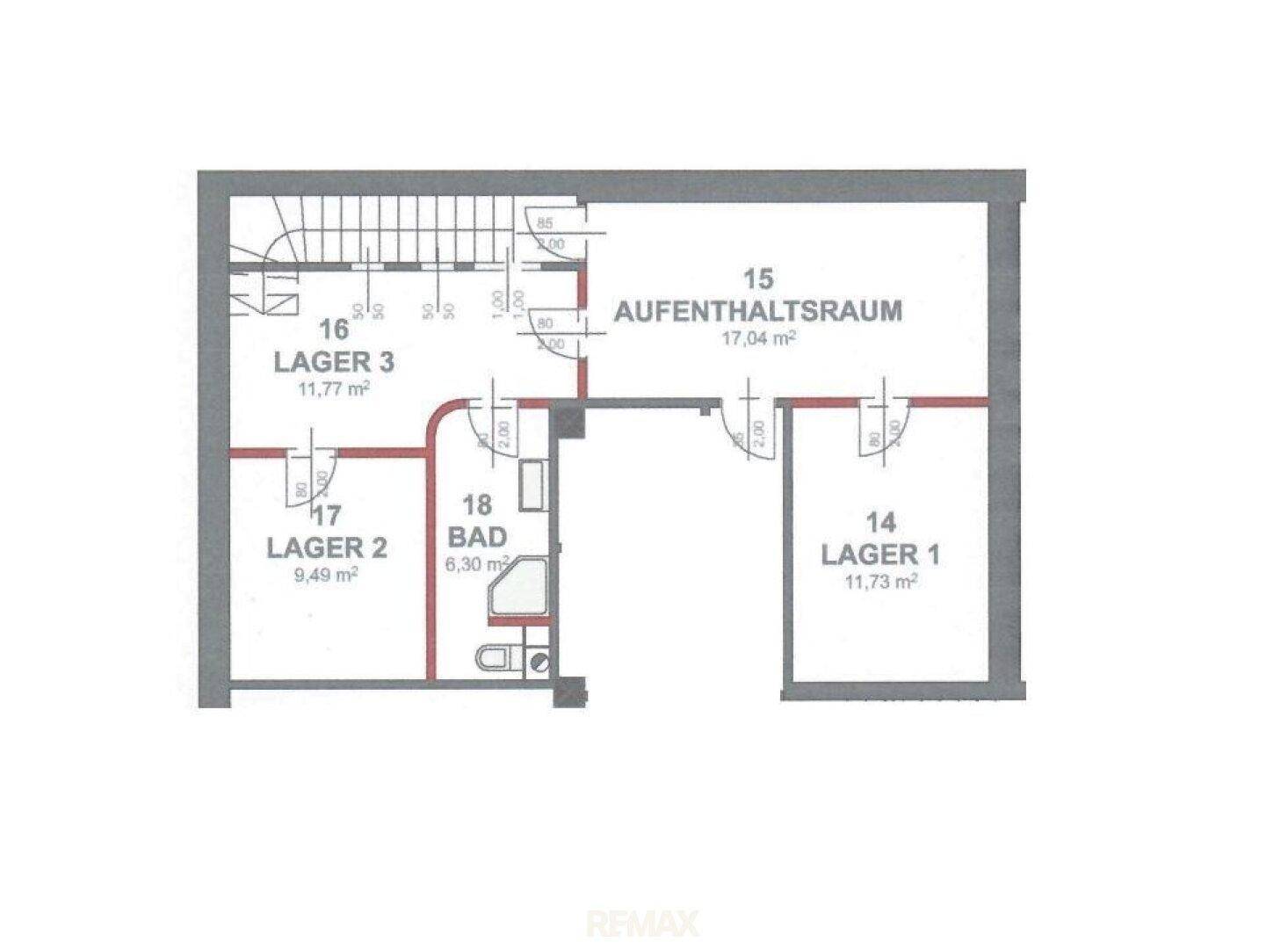 Grundriss des Untergeschosses mit Aufenthaltsraum, Lagerflächen und einem Badezimmer.