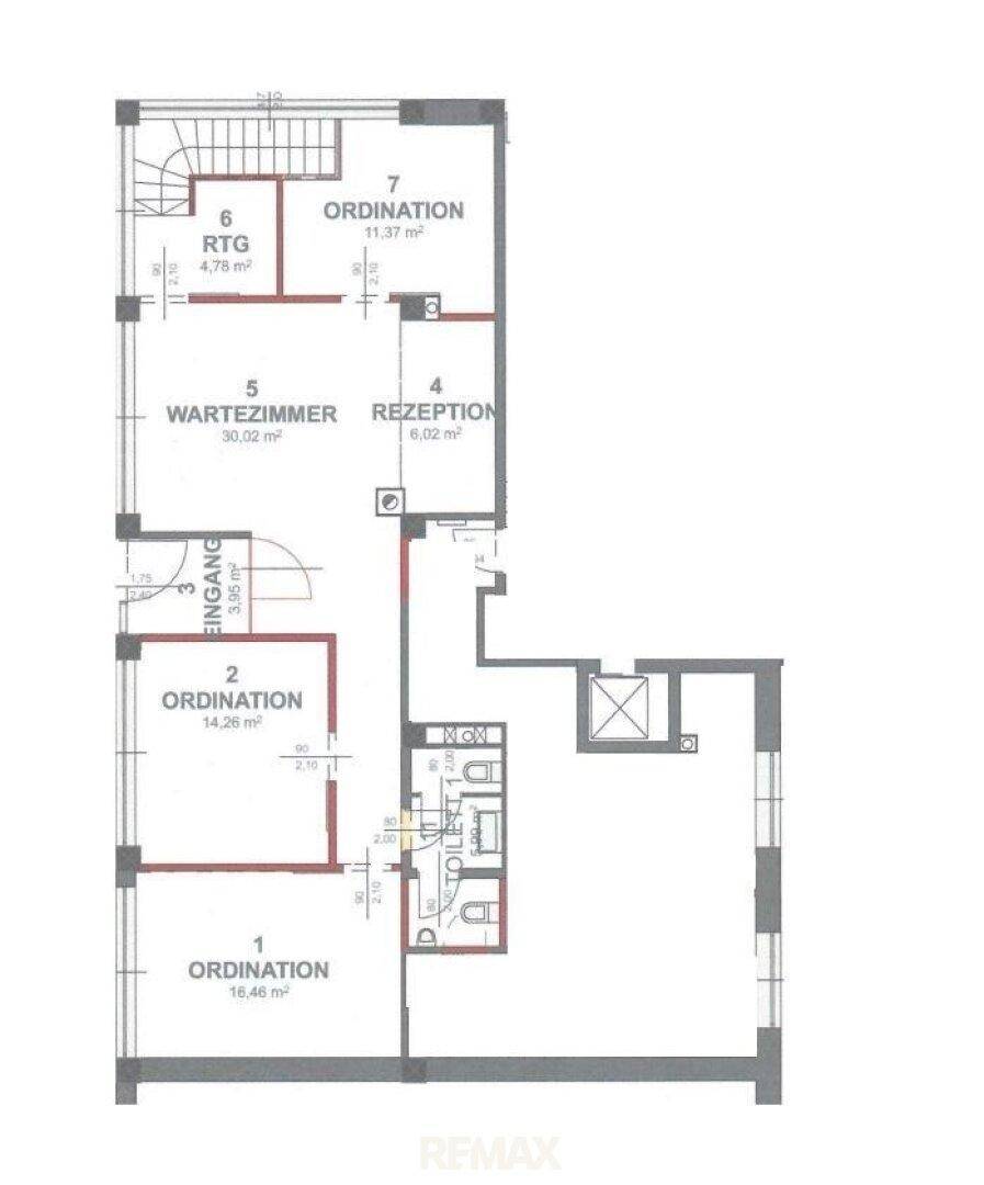 Grundriss des Erdgeschosses mit mehreren Ordinationsräumen, Wartezimmer und Empfangsbereich.