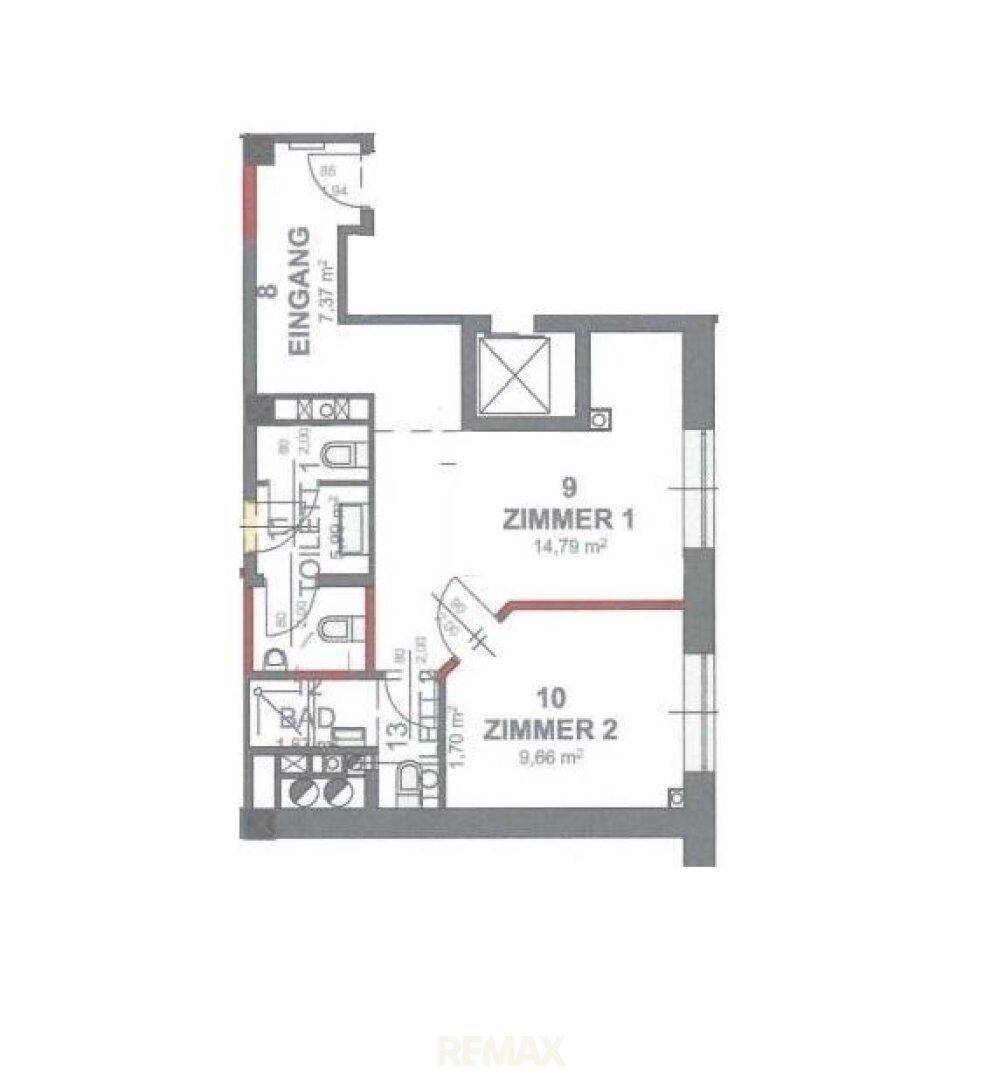 Grundriss eines weiteren Bereichs mit Eingang, zwei Zimmern, Bad und separater Toilette.