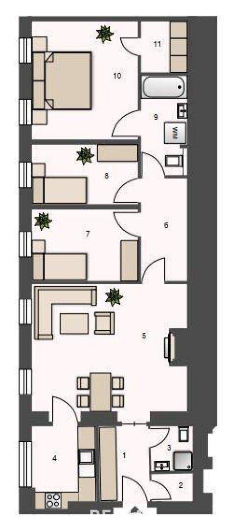 Grundriss einer Wohnung mit mehreren Zimmern, Bad und Küche, zeigt die Raumaufteilung.