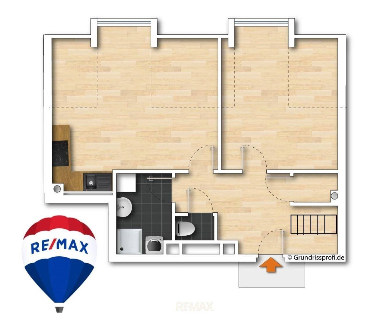 Grundrissplan einer Wohnung mit Küche, Bad, WC und zwei weiteren Zimmern.
