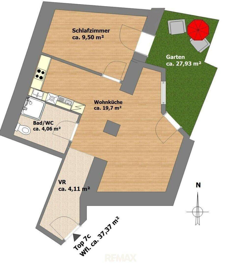 Grundriss der Wohnung mit Schlafzimmer, Wohnküche, Bad und privatem Gartenbereich.