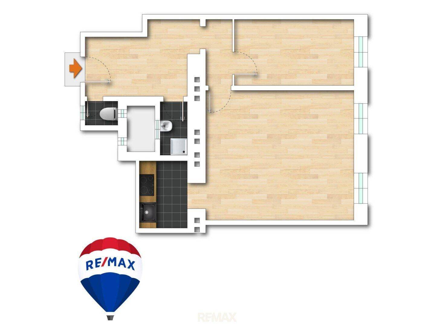 Grundriss einer Wohnung mit offenem Wohnbereich, Bad, separatem WC und Balkonzugang.