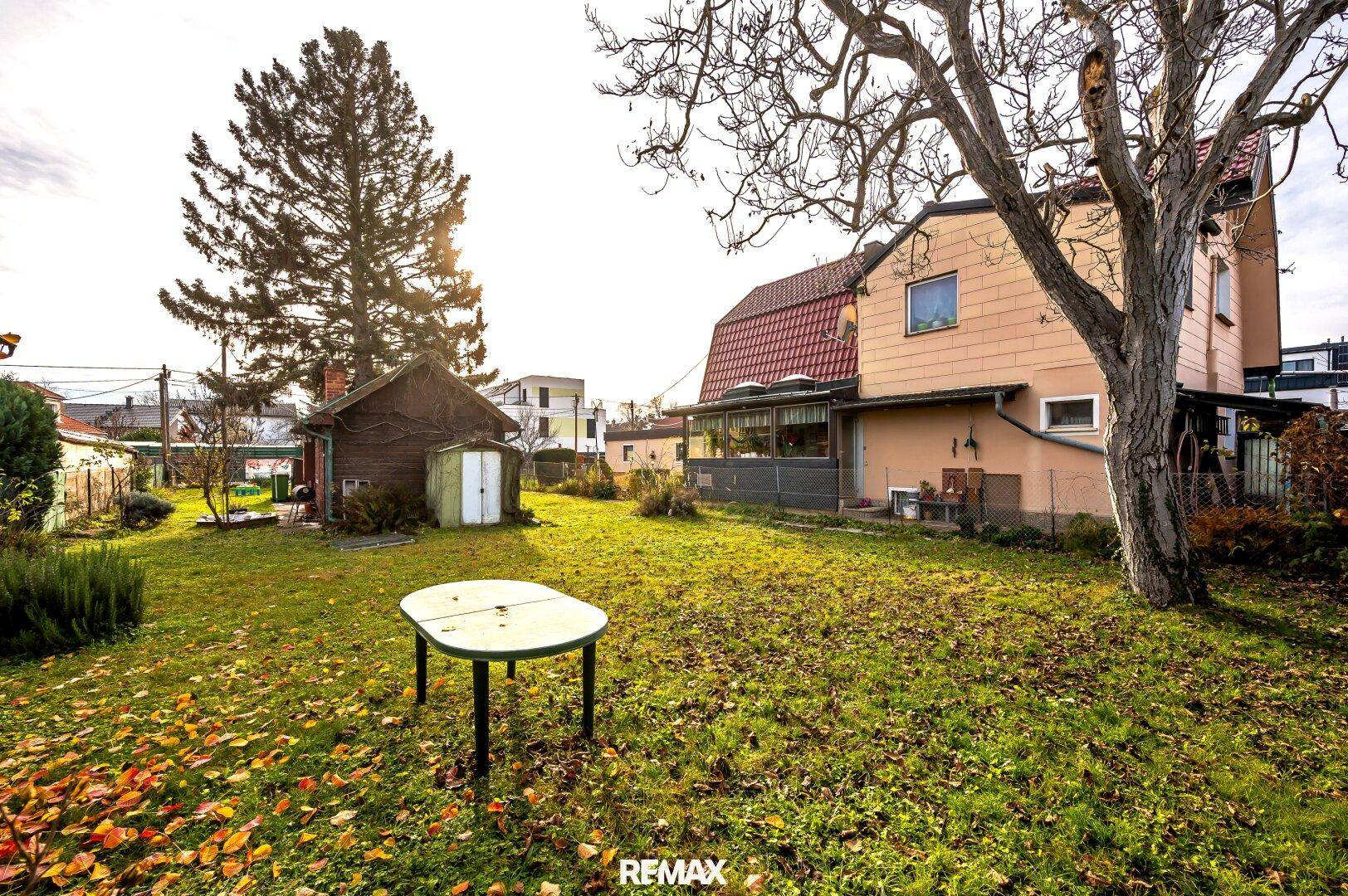 Großer Gartenbereich mit Rasenfläche, altem Baumbestand und einem kleinen Gartenhaus.