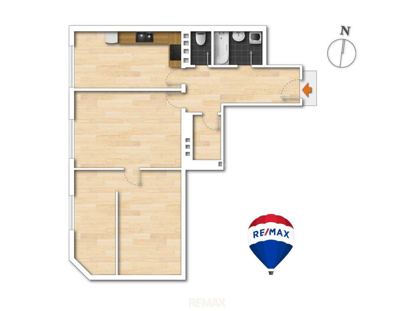Grundriss der Wohnung mit drei Zimmern, Küche, Bad und separatem WC, inklusive Balkon.