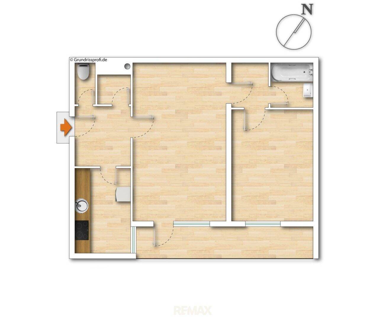 Übersichtlicher Grundriss der Wohnung mit Küche, Bad und separatem WC.