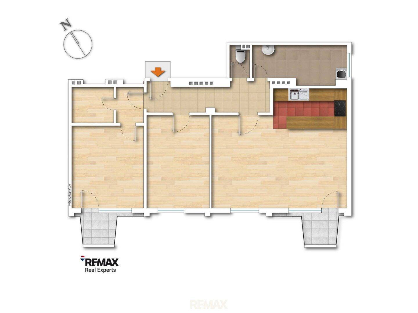 Übersichtlicher Grundriss einer Wohnung mit zwei Balkonen, separatem WC und Bad.