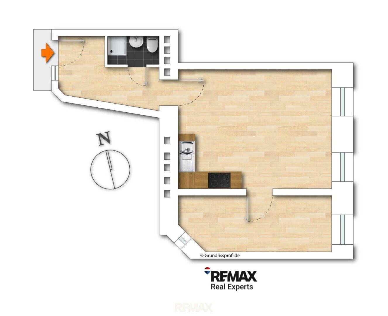 Grundriss einer Wohnung mit offenem Wohnbereich, Küche und Badezimmer.