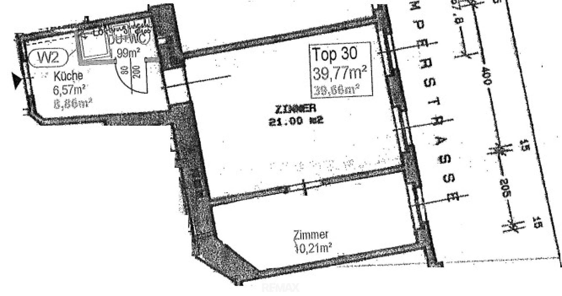 Grundriss einer Wohnung mit zwei Zimmern, Küche und Bad, inklusive der Gesamtfläche von 39,77 m².