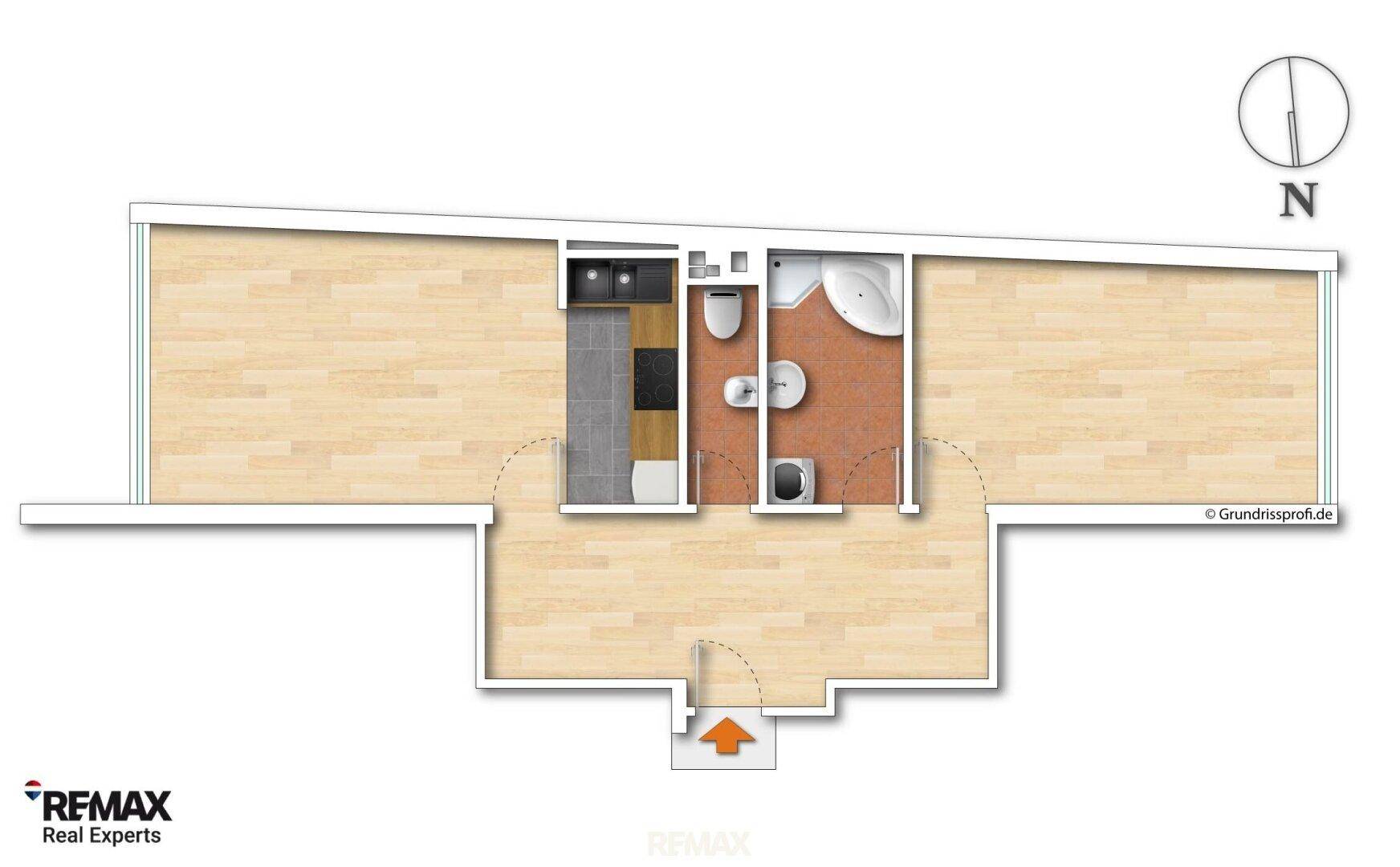 Grundriss der Wohnung mit Küche, Bad, separatem WC und weiteren Räumen.