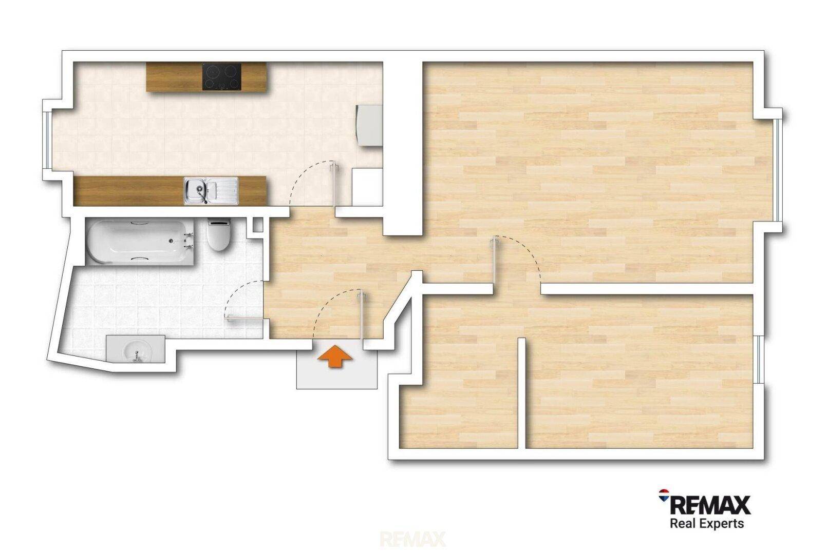 Grundriss der Wohnung mit Küche, Bad, Wohnzimmer und zwei Schlafzimmern.