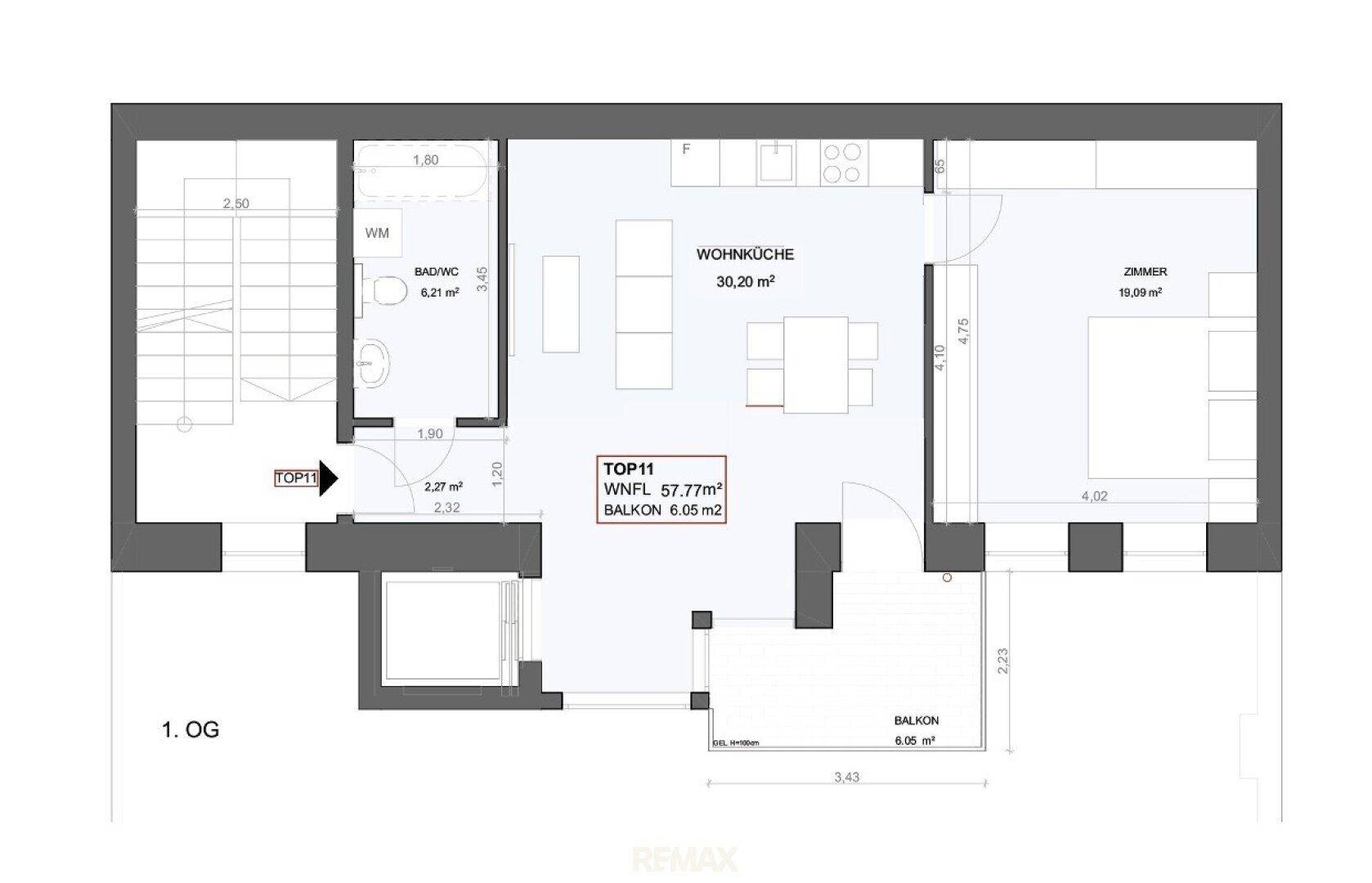 Grundriss der Wohnung TOP11 mit Wohnküche, Zimmer, Bad und Balkon.