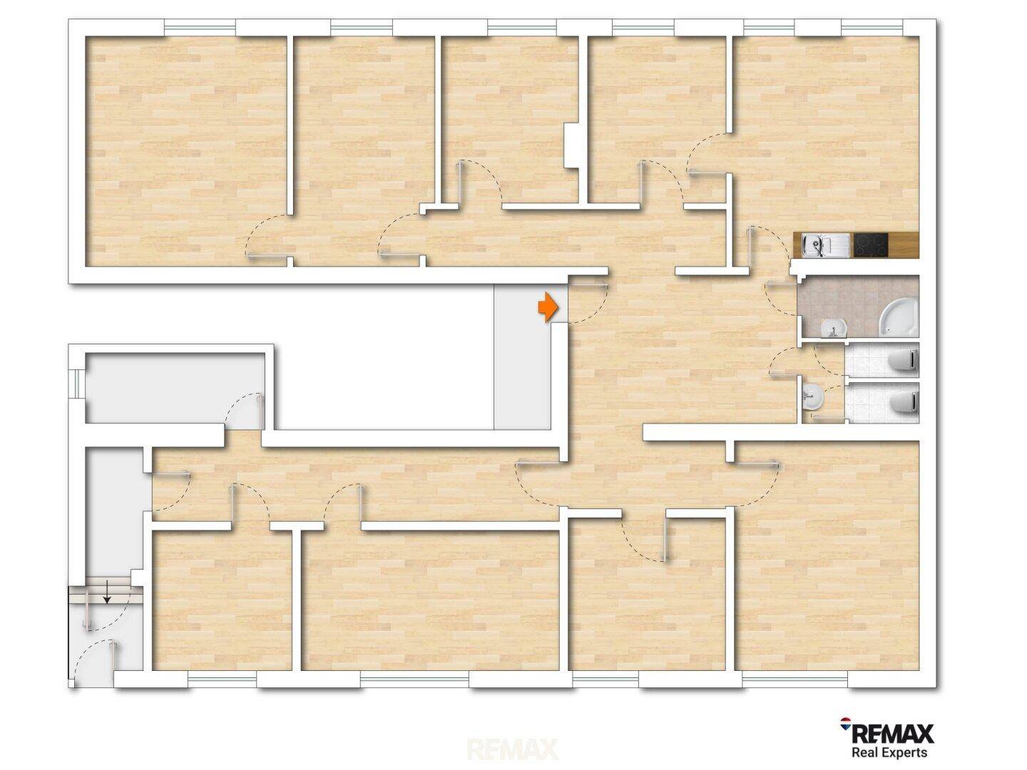 Grundrissplan einer Wohnung mit mehreren Zimmern, zwei Bädern und einem separaten Gäste-WC.