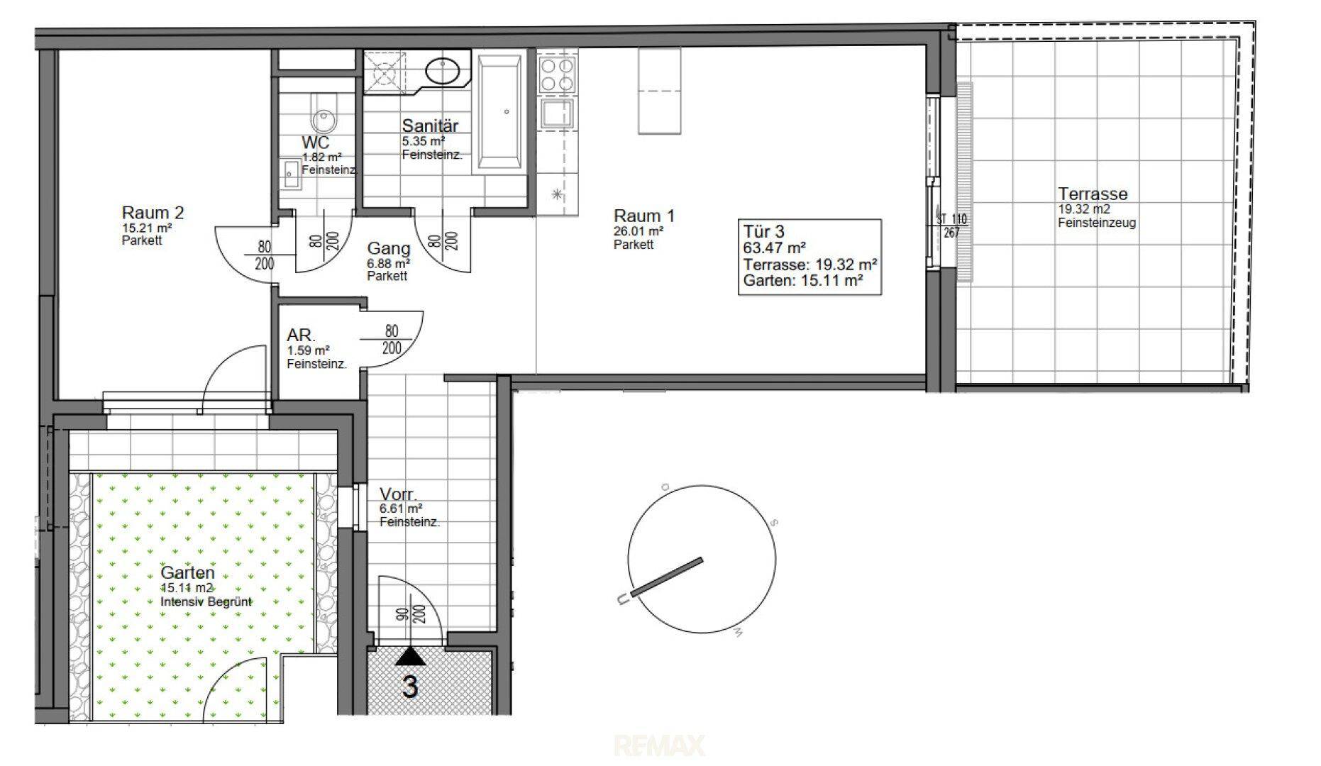 Detaillierter Grundriss einer Wohnung mit Terrasse, Garten und mehreren Räumen.