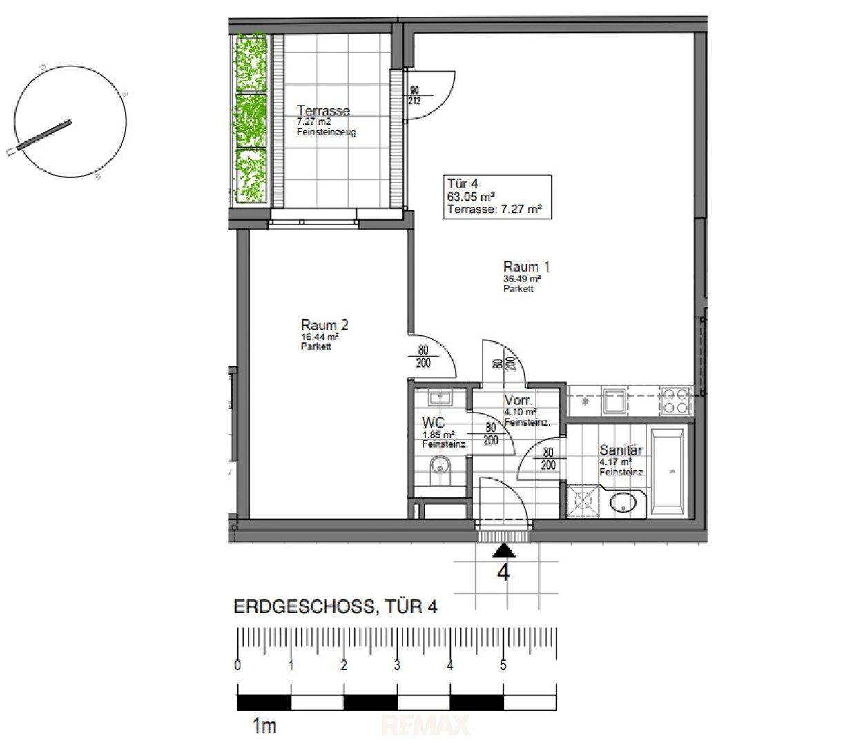 Grundriss des Erdgeschosses mit zwei Räumen, Terrasse und Sanitärbereichen.