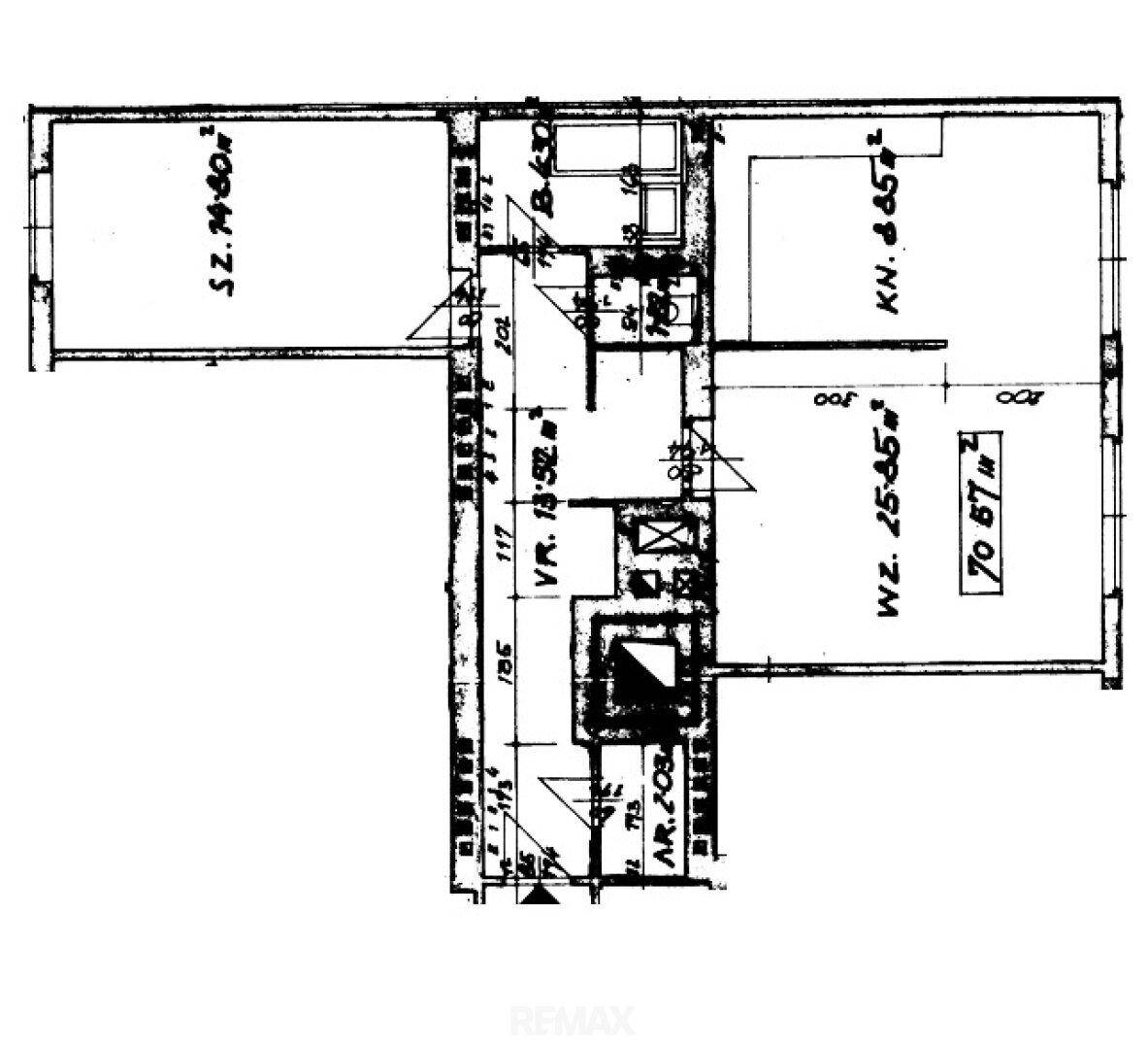Historischer Grundriss mit handgezeichneten Details und Maßangaben.