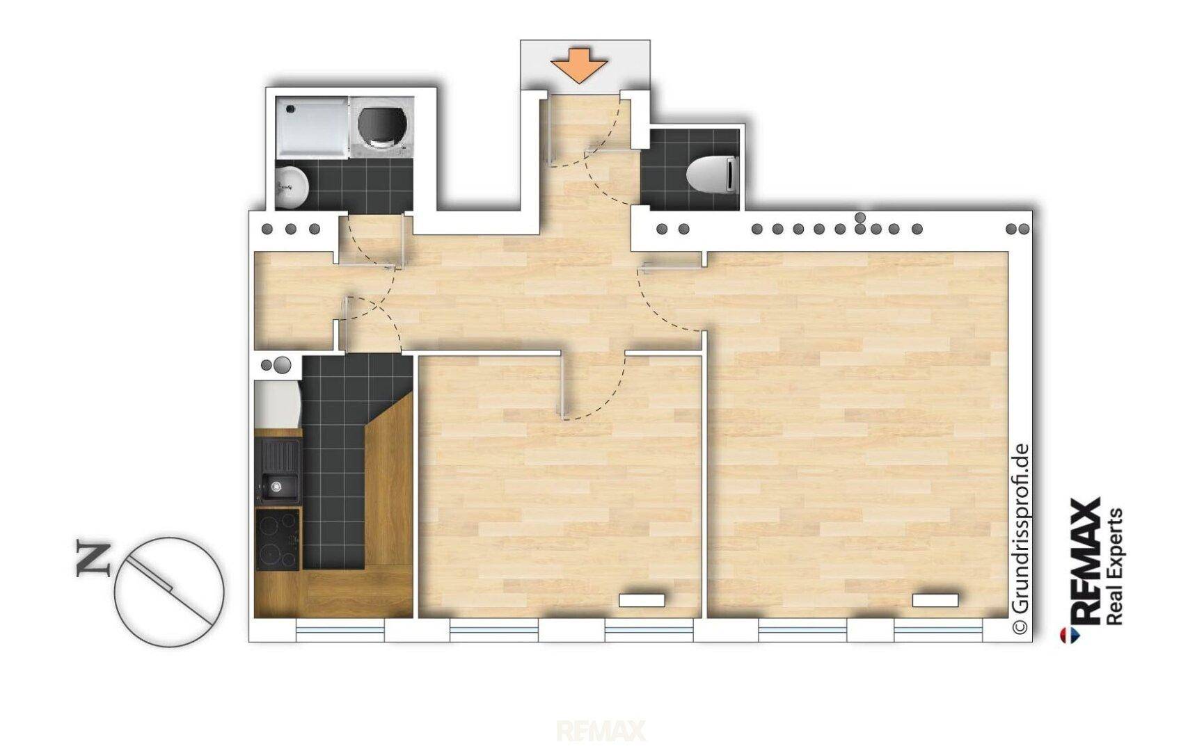 Digitaler Grundriss der Wohnung mit Raumaufteilung und Sanitärbereichen.
