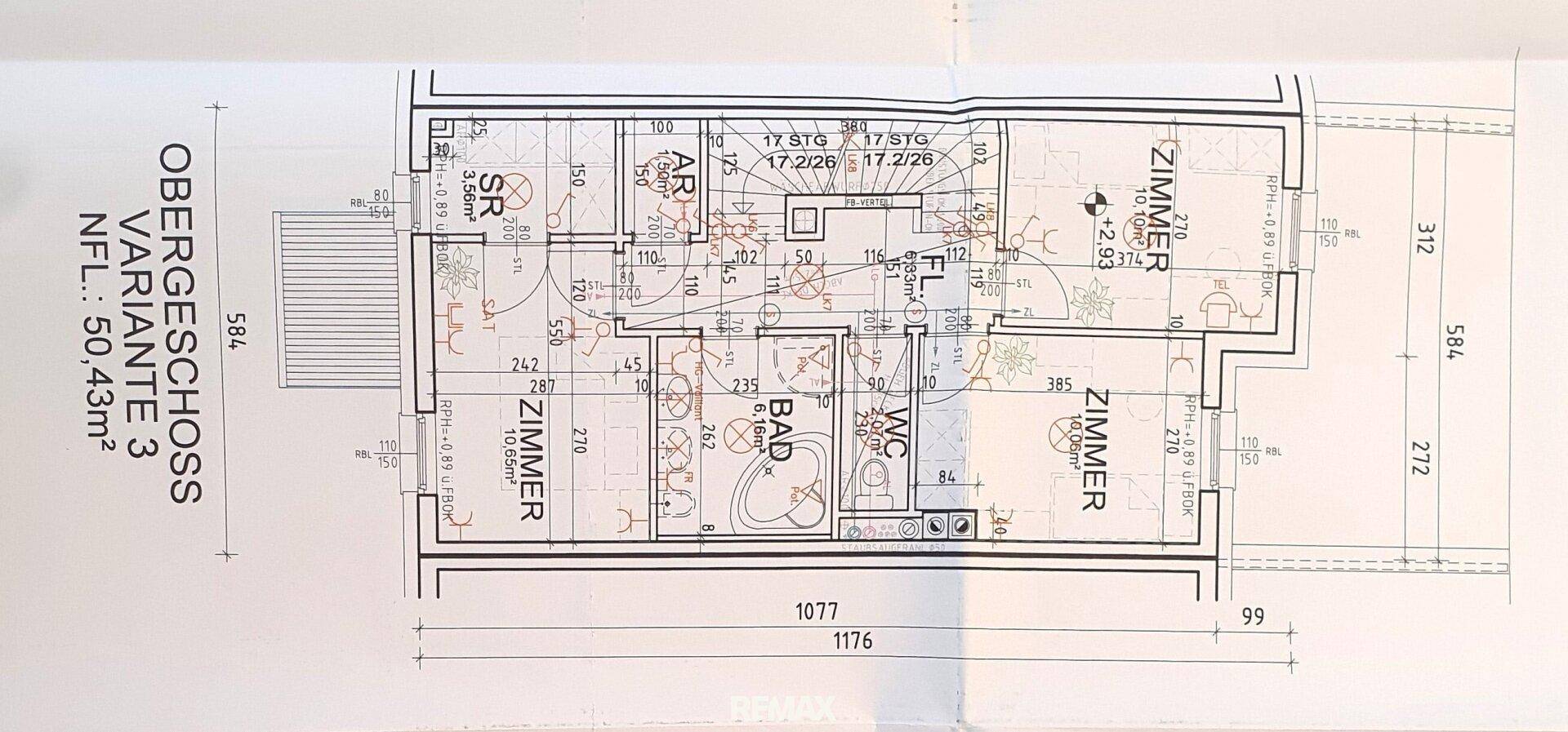 Detaillierter Grundriss des Obergeschosses mit mehreren Zimmern, Bad und separatem WC.