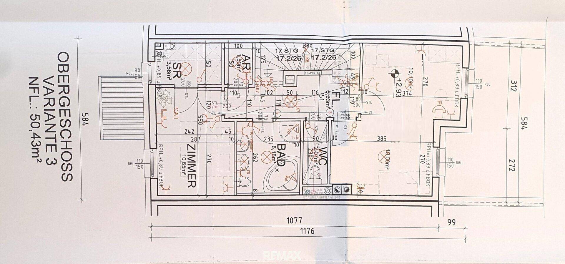 Detaillierter Grundriss des Obergeschosses mit mehreren Zimmern, Bad und separatem WC.