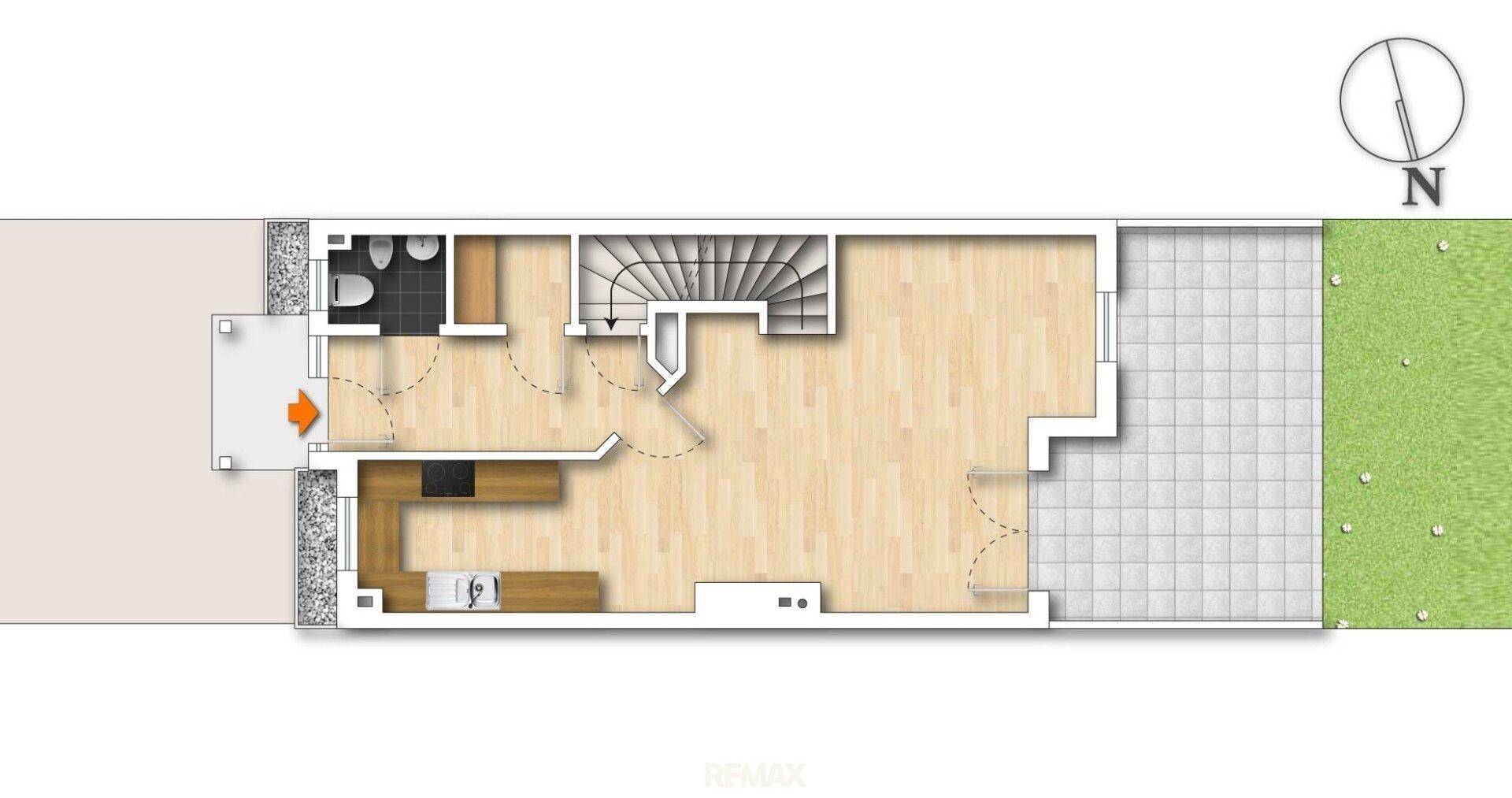 Grundriss des Erdgeschosses mit offener Küche, WC und Zugang zu Terrasse und Garten.