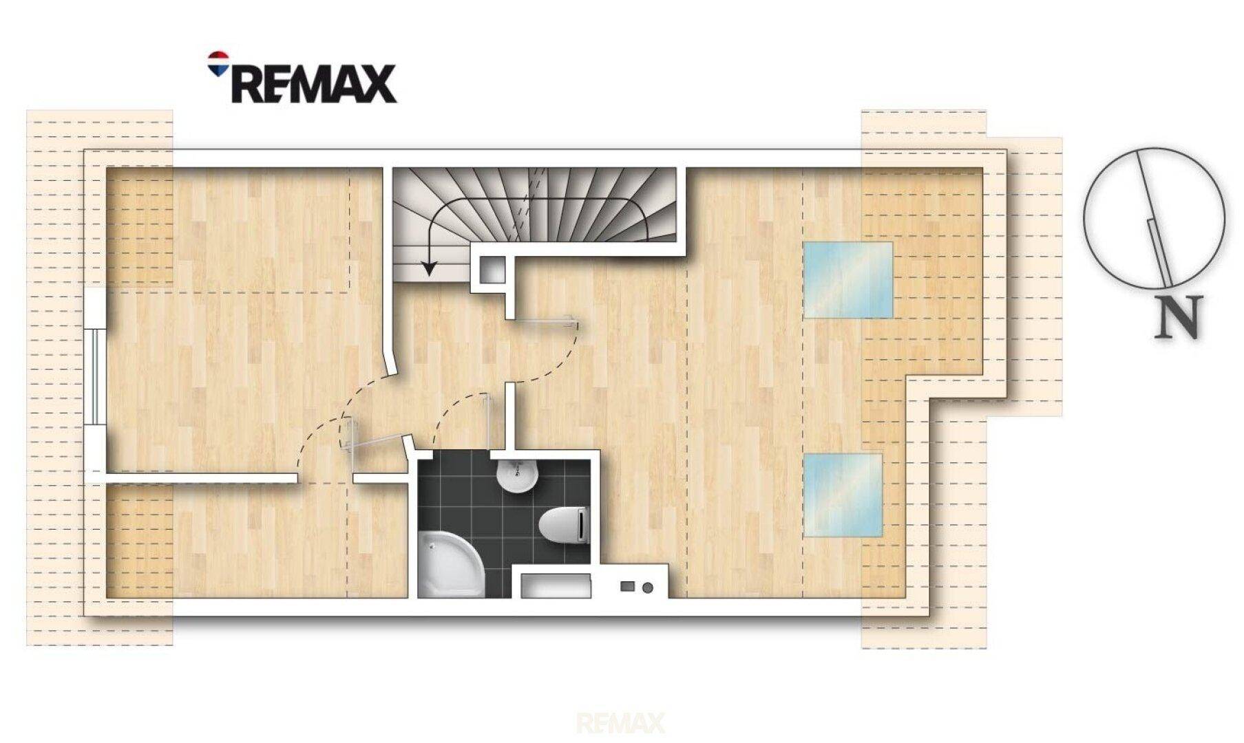 Grundriss einer oberen Etage mit Badezimmer, Treppe, Dachschrägen und zwei Dachfenstern für viel Licht.