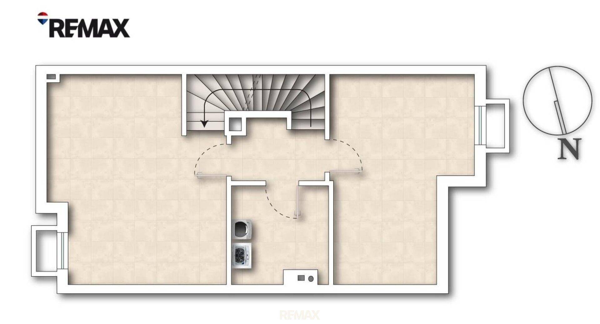 Grundriss einer oberen Etage mit Treppe und einem praktischen Bereich für Waschmaschine und Trockner.