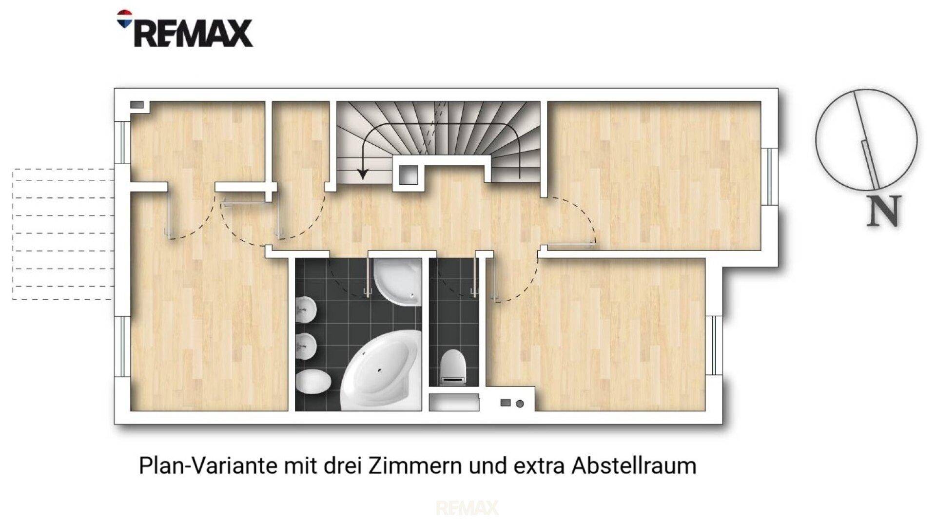 Grundriss einer Wohnung mit drei Zimmern, einem modernen Badezimmer und zusätzlichem Abstellraum.