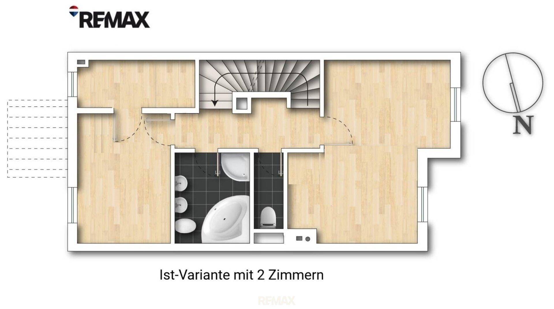 Grundriss einer Wohnung mit zwei Zimmern, einem modernen Badezimmer und Zugang zu einem Balkon.